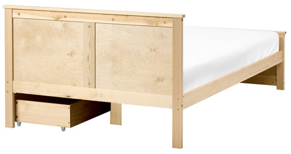 Drevená posteľ s 2 zásuvkami prírodné svetlé borovicové drevo MDF brezové drevo 120 x 200 cm rám postele s čelom