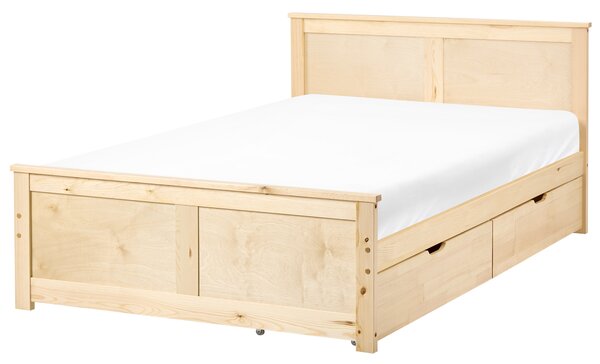 Drevená posteľ s 2 zásuvkami prírodné svetlé borovicové drevo MDF brezové drevo 120 x 200 cm rám postele s čelom