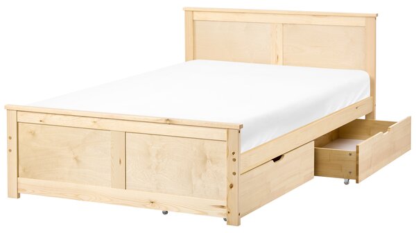 Drevená posteľ s 2 zásuvkami prírodné svetlé borovicové drevo MDF brezové drevo 120 x 200 cm rám postele s čelom