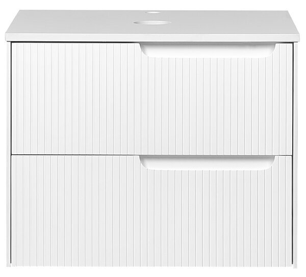 Kúpeľňová skrinka biela MDF 60 x 52 cm nástenná závesná drážkovaná predná časť úložný priestor 2 zásuvky pod umývadlo moderný štýl