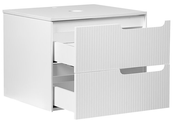 Kúpeľňová skrinka biela MDF 60 x 52 cm nástenná závesná drážkovaná predná časť úložný priestor 2 zásuvky pod umývadlo moderný štýl