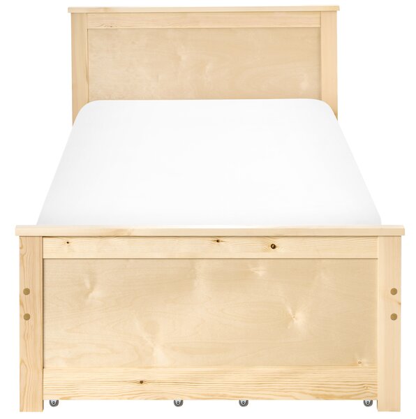 Drevená posteľ so 4 zásuvkami prírodné svetlé borovicové drevo MDF brezové drevo 90 x 200 cm rám postele s čelom