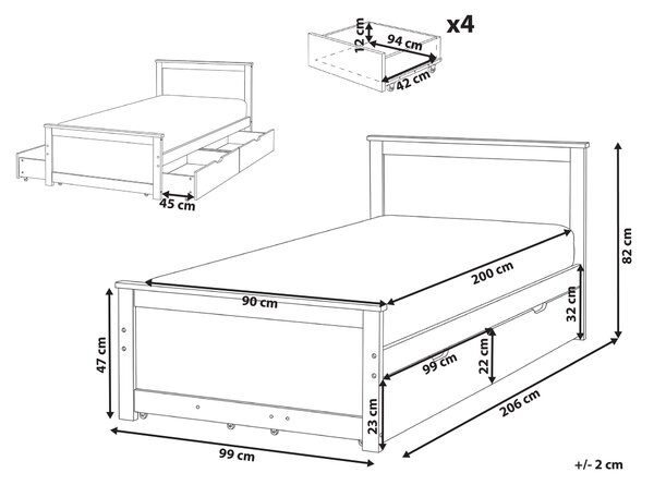 Drevená posteľ so 4 zásuvkami prírodné svetlé borovicové drevo MDF brezové drevo 90 x 200 cm rám postele s čelom