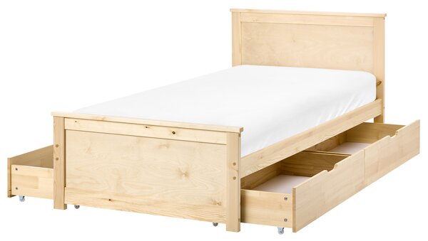 Drevená posteľ so 4 zásuvkami prírodné svetlé borovicové drevo MDF brezové drevo 90 x 200 cm rám postele s čelom