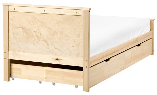 Drevená posteľ so 4 zásuvkami prírodné svetlé borovicové drevo MDF brezové drevo 90 x 200 cm rám postele s čelom