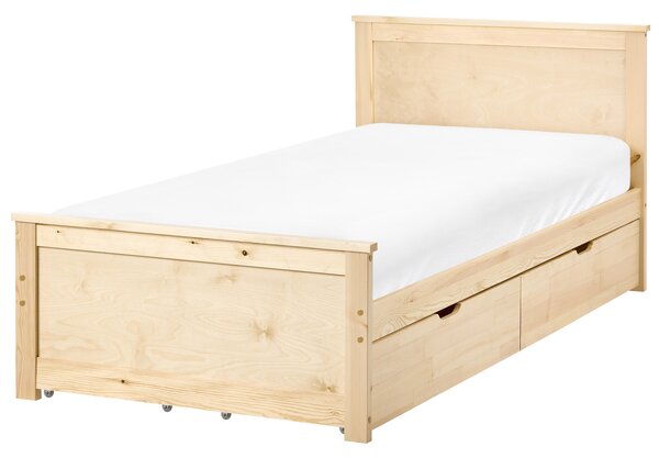 Drevená posteľ so 4 zásuvkami prírodné svetlé borovicové drevo MDF brezové drevo 90 x 200 cm rám postele s čelom