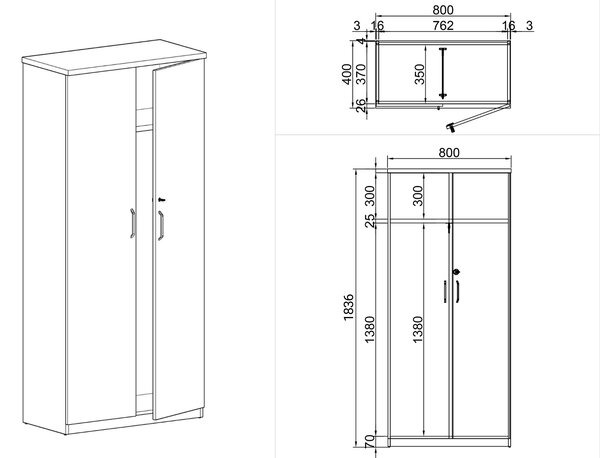 Šatníková skriňa s výsuvom ARRISTO LUX, 800 x 400 x 1836 mm, breza