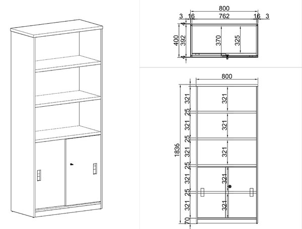 Kombinovaná kancelárska skriňa ARRISTO LUX, zasúvacie dvere, 800 x 400 x 1836 mm, breza