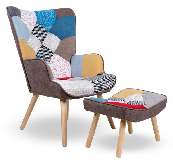 Kreslo ušiak CORDU + taburet — masív, látka, prírodná / patchwork