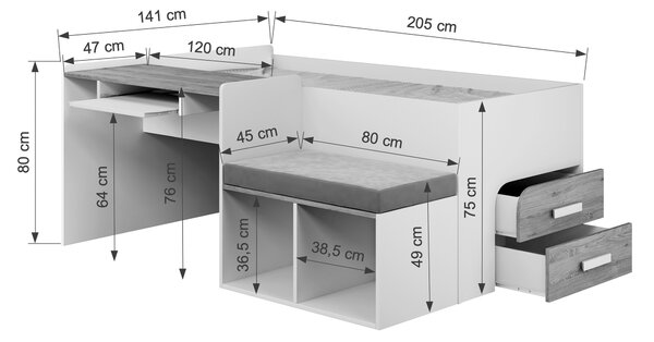 Multifunkčná jednolôžková posteľ Megan 90x200 - biela / dub sonoma