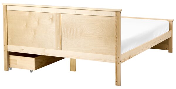 Drevená posteľ s 2 zásuvkami prírodné svetlé borovicové drevo MDF brezové drevo 140 x 200 cm rám postele s čelom