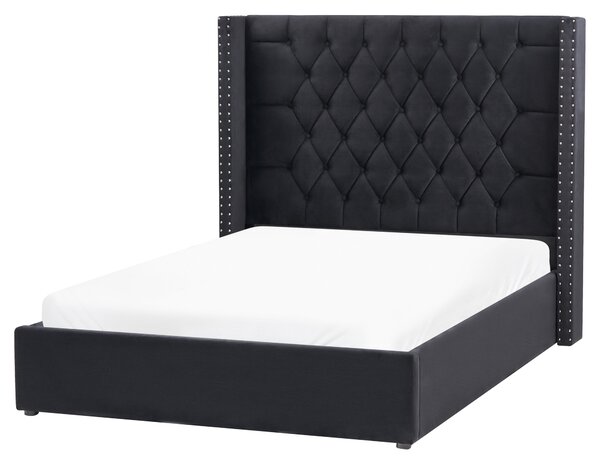 Posteľ s úložným priestorom čierna zamatové čalúnenie 140 x 200 cm prešívané čelo lamelový rošt glamour dizajn