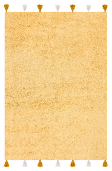Detský koberec žltý bavlnený 140 x 200 cm obdĺžnikový s farebnými strapcami prateľný v práčke detská izba