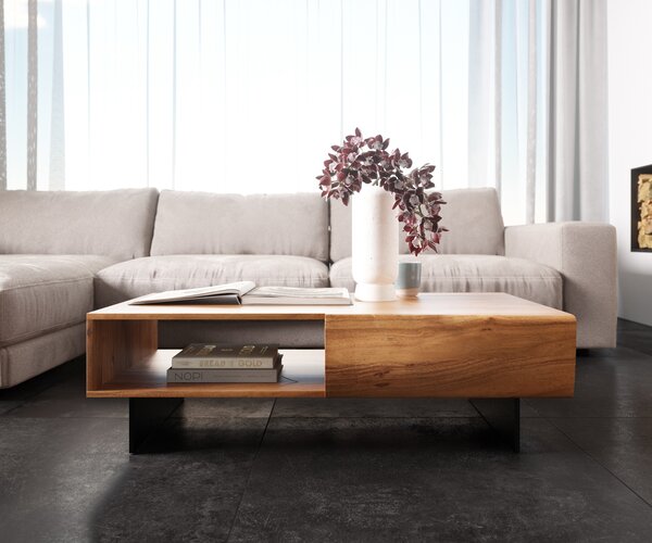 DELIFE Konferenčný stolík New Live-Edge 115x60 cm akácia prírodná 2 zásuvky 1 priehradka závesná kov čierna