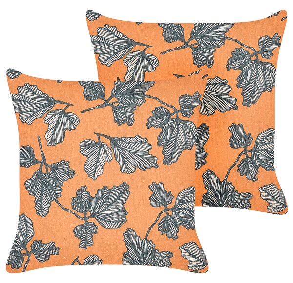 Sada 2 dekoratívnych vankúšov oranžová čierna bavlna ľan polyester 45 x 45 cm vzor listov moderná tradičná obývacia izba