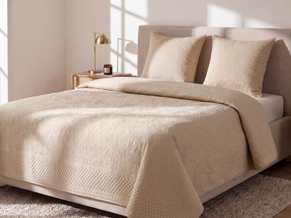 Prikrývka na posteľ s vankúšmi sivobéžová polyester 140 x 210 cm reliéfny vzor prehoz posteľná bielizeň moderný tradičný štýl spálňa