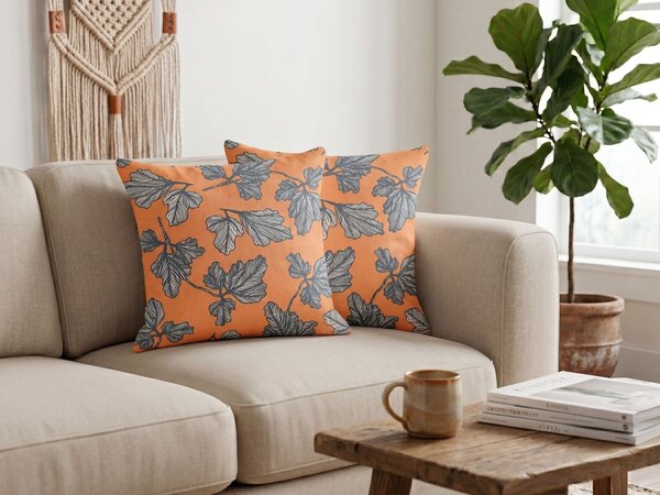 Sada 2 dekoratívnych vankúšov oranžová čierna bavlna ľan polyester 45 x 45 cm vzor listov moderná tradičná obývacia izba