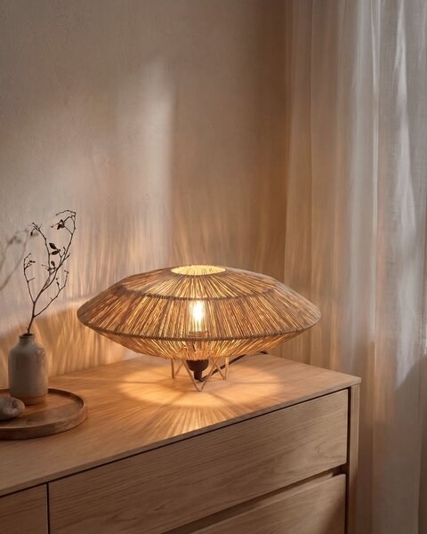 Stolná lampa prírodná slamené tienidlo čierna železná objímka na žiarovku boho nočné svietidlo spálňa obývacia izba