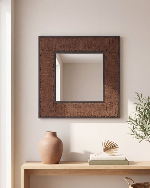 Nástenné zrkadlo tmavohnedá čierna teakové drevo sklo 60 x 60 cm štvorcový tvar prírodné moderný štýl doplnky