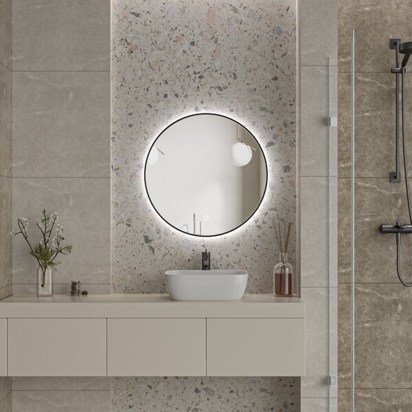 Erga Emma, okrúhle LED zrkadlo 70cm, čierny kovový rám, 1610 lm, 6500K, zadné osvetlenie, ERG-V01-201-7070-BK