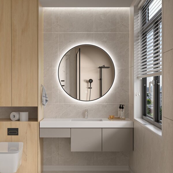 Erga Emma, okrúhle LED zrkadlo 80cm, čierny kovový rám, 1840 lm, 6500K, zadné osvetlenie, ERG-V01-201-8080-BK