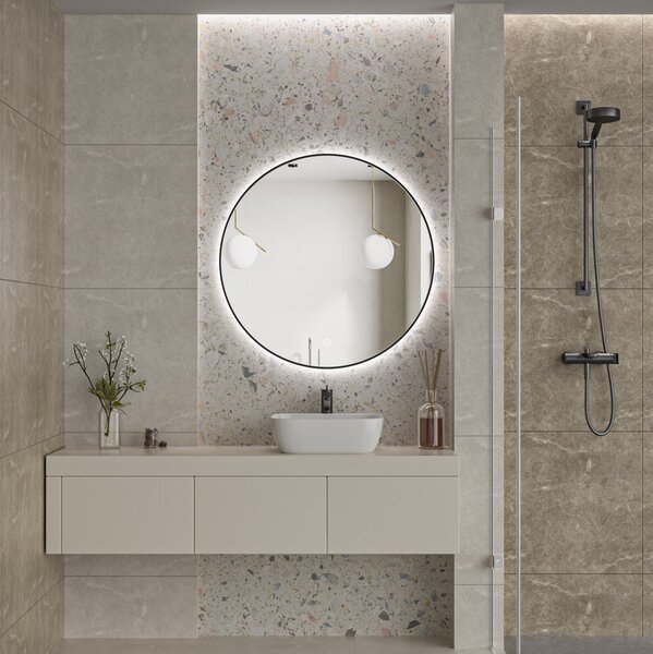 Erga Emma, okrúhle LED zrkadlo 90cm, čierny kovový rám, 2070 lm, 6500K, zadné osvetlenie, ERG-V01-201-9090-BK