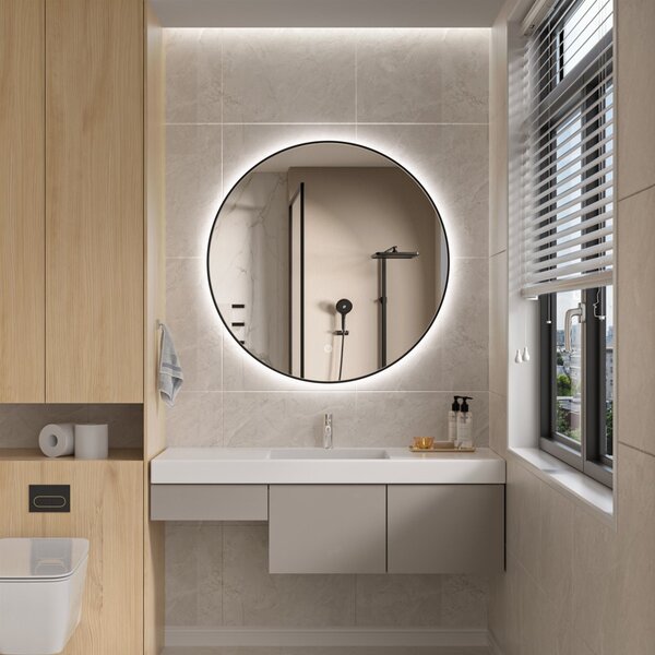 Erga Emma, okrúhle LED zrkadlo 90cm, čierny kovový rám, 2070 lm, 6500K, zadné osvetlenie, ERG-V01-201-9090-BK