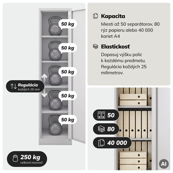 Skriňa na spisy kartotéková na kľúč sivá, 450x1850x600 mm: ALEX D600