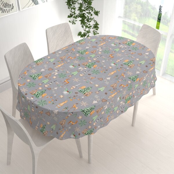 Biante Vianočný bavlnený oválny obrus Sandra SA-509 Vianoční škriatkovia a ozdoby na sivom 50x100 cm