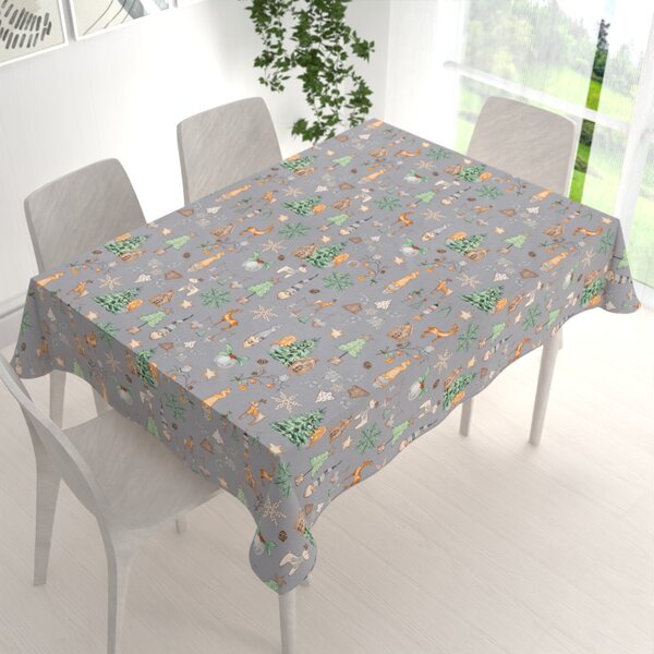 Biante Vianočný bavlnený obdĺžnikový obrus Sandra SA-509 Vianoční škriatkovia a ozdoby na sivom 50x100 cm
