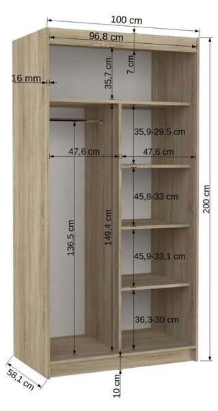 ŠATNÍKOVÁ SKRIŇA S POSUVNÝMI DVERAMI DANKA SONOMA + ZRKADLO 100 cm