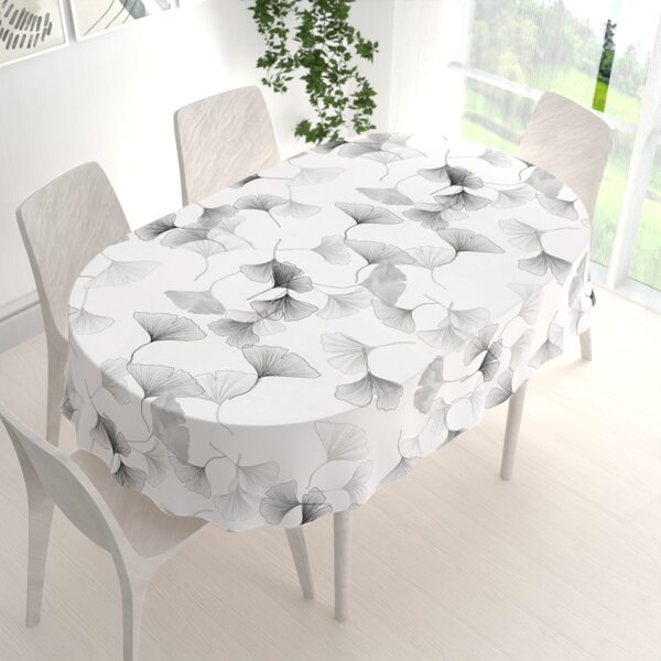 Biante Bavlnený oválny obrus Sandra SA-512 Sivo-biele ginkgo listy na bielom 50x100 cm