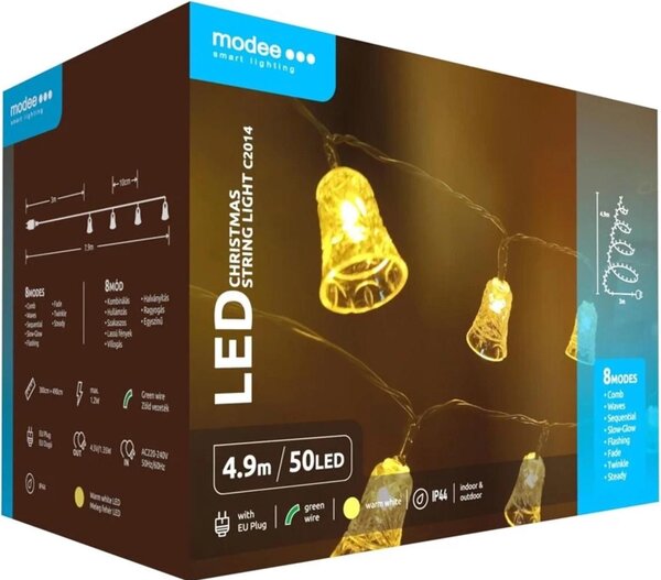 Modee Lighting LED vianočná reťaz 50 LED 4,9m zvončeky, teplá biela