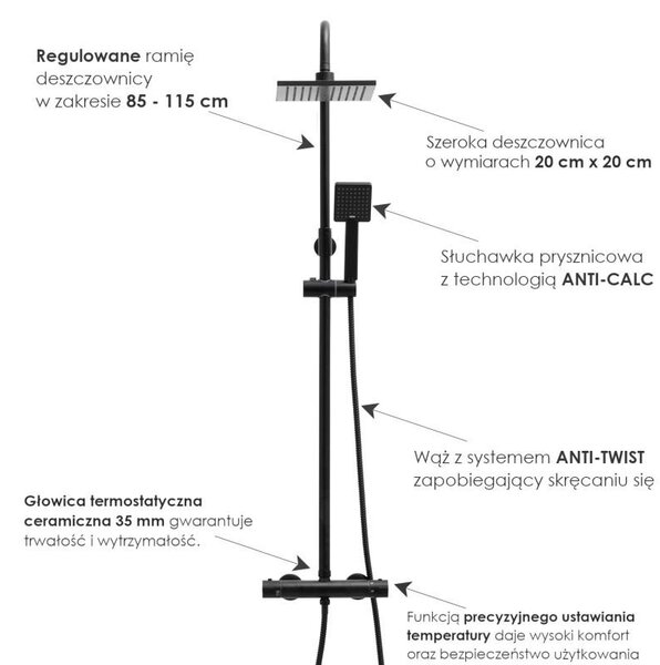Erga Flova, sprchová súprava s termostatickou batériou a dažďovou hlavicou 20x20cm, čierna matná, ERG-YKA-BP.FLOVA THERM 20 BLK