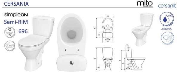 Cersanit Cersania SimpleOn 010 - WC kombi 3/6l + Slim sedátko s pomalým zatváraním z duroplastu, horizontálny odpad, biela, K11-2338