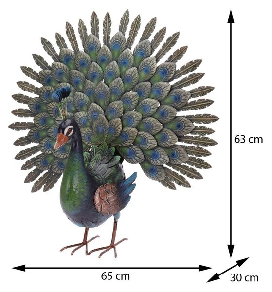 Záhradná kovová figúrka Peacock, 63x65 cm, viacfarebná