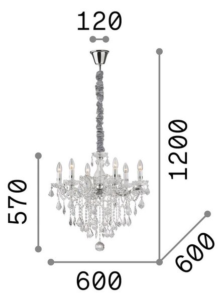 Luster IDEAL LUX Florian v chrómovej farbe, s krištáľom, 6-pl., Chrómová / strieborná, Obývacia izba / jedáleň, Sklo, Luster