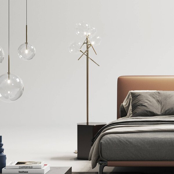 Stojacia lampa IDEAL LUX Equinoxe, mosadz/číra, výška 166 cm, Mosadz / zlato, Obývacia izba / jedáleň, kov