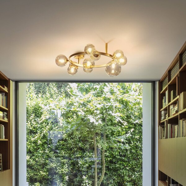 Stropné svietidlo IDEAL LUX Perlage, mosadz/jantár, dĺžka 70 cm, 10-pl., Mosadz / zlato, Obývacia izba / jedáleň, kov, Stropné svetlo