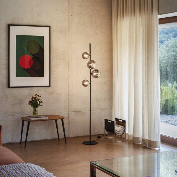 Stojacia lampa IDEAL LUX Perlage, čierna/dymovo sivá, výška 164 cm, 4-pl., Čierna, Obývacia izba / jedáleň, kov