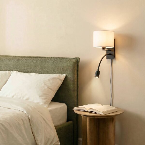 Lindby Nástenné svetlo Florens, čierne, LED lampa na citanie, 23,5 cm, Biela / opálová, Obývacia izba / jedáleň, Textil / látka / hodváb, Moderný, Nástenné svietidlo