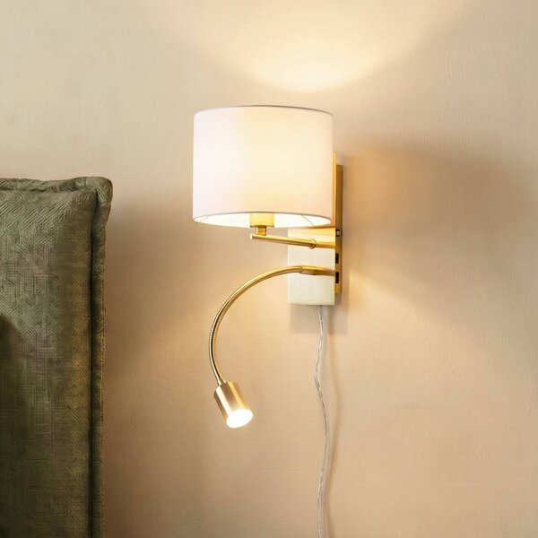 Lindby Nástenné svietidlo Florens, mosadz, LED lampa na čítanie, 23,5 cm, Mosadz / zlato, Obývacia izba / jedáleň, Textil / látka / hodváb, Moderný, Nástenné svietidlo