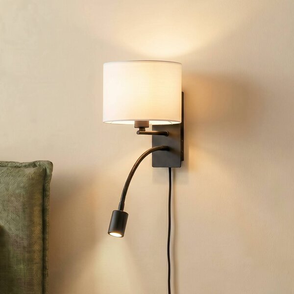 Lindby Nástenné svetlo Florens, čierne, LED lampa na citanie, 23,5 cm, Biela / opálová, Obývacia izba / jedáleň, Textil / látka / hodváb, Moderný, Nástenné svietidlo