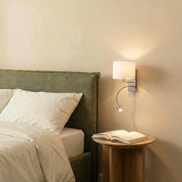 Lindby Nástenné svietidlo Florens, nikel, LED lampa na čítanie, 23,5 cm, Hliník / sivá / zinok, Obývacia izba / jedáleň, Textil / látka / hodváb, Moderný, Nástenné svietidlo