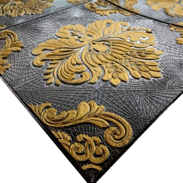 Samolepiace penové 3D panely RS065-D12, cena za kus, rozmer 68 x 67,5 cm, ornamenty zlaté na čiernom podklade, IMPOL TRADE