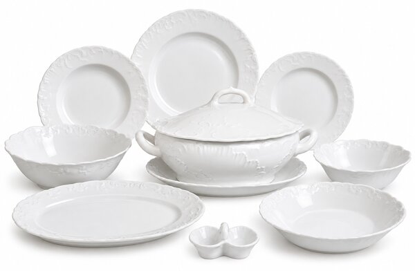 Rokoko biela porcelánová obedová súprava pre 6 osôb, 24-dielna (Elegantná biela obedová súprava Rokoko z porcelánu Ćmielów pre 6 osôb)