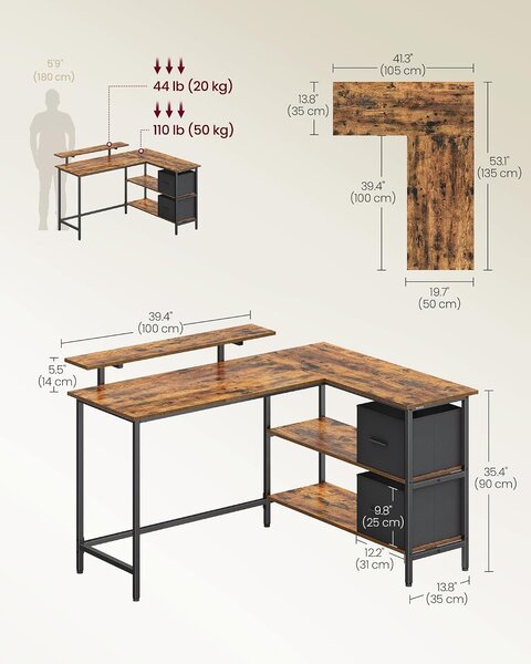 VASAGLE Rohový stôl s policou a úložnými boxmi 135 x 90 x 105 cm hnedý