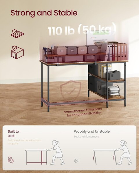 VASAGLE Rohový stôl s policou a úložnými boxmi 135 x 90 x 105 cm hnedý