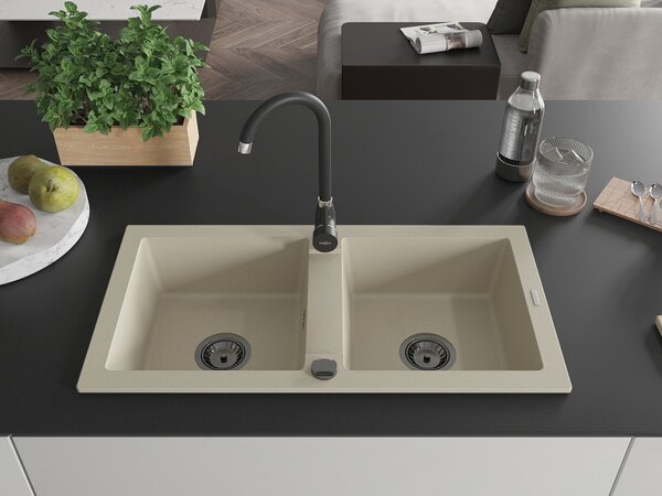 Mexen Mario, granitový drez 820x436x161 mm, 2-komorový, béžová s čiernym sifónom, 6504822000-69-B
