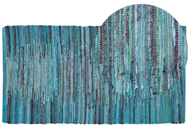 Koberec modrý tyrkysový pruhovaný bavlnený 80 x 150 cm obdĺžnikový ručne tkaný